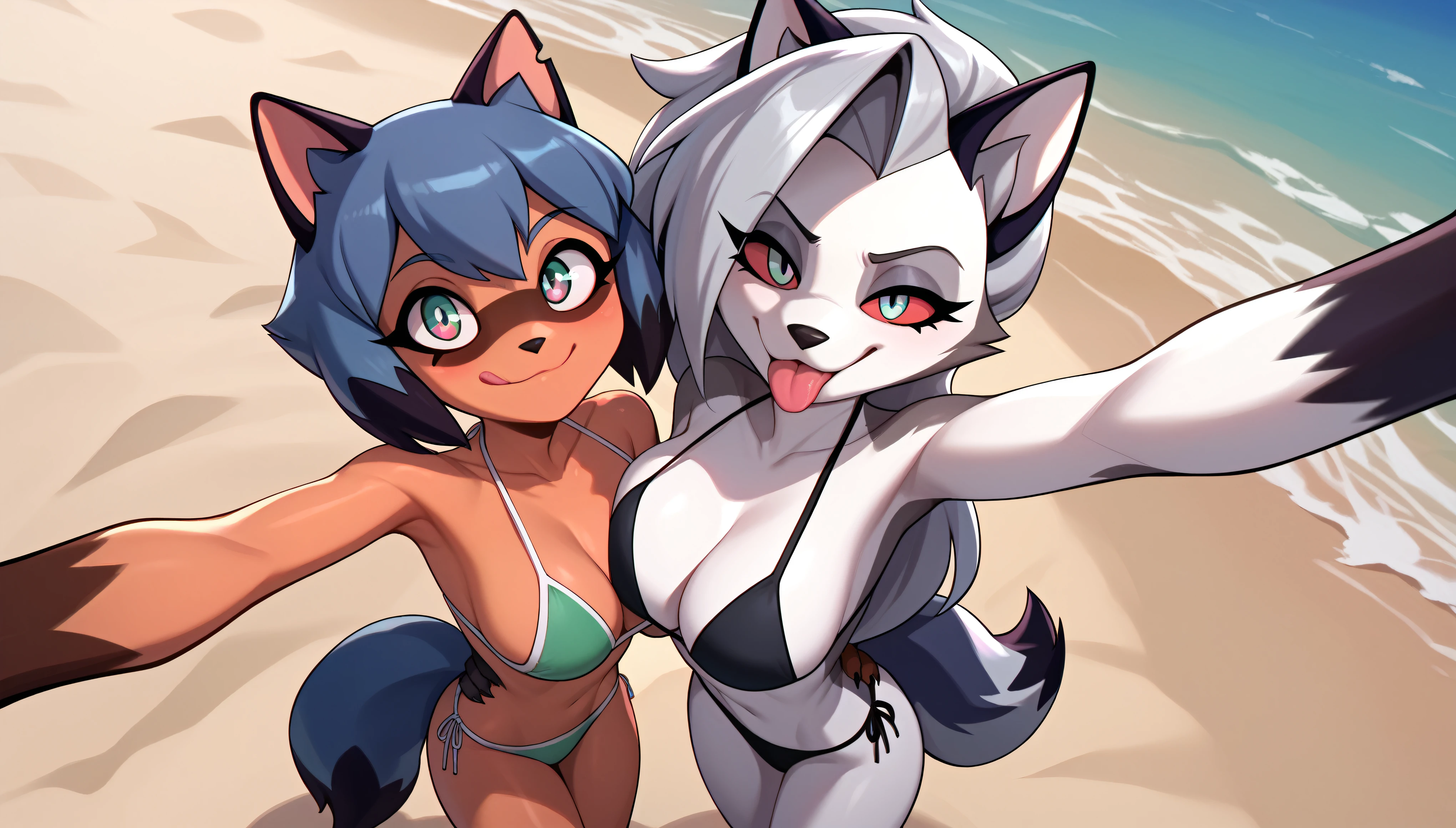 score_9, score_8_up, score_7_up, Loona from helluva boss, Anthro, furry, FACE ONLY, FACE FOCUS, fur, cute, centered, smile, closed mouth, tongue out, view from above, bikini, reaching, selfie, 4k Wallpaper, detailed background, big breasts, thin bikini, standing, on sand, beach, Michiru Kagemori, duo