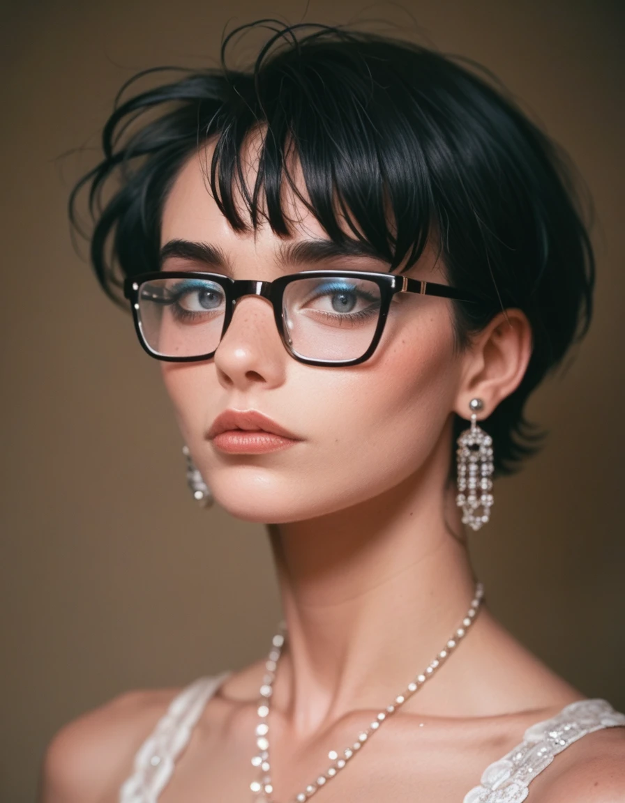 Black hair, glasses, stud earrings, vintage, feminine, 8k, masterpiece, best quality, excellent detail) , (high saturation, best shadows, best light, extremely delicate bleaching) dark style