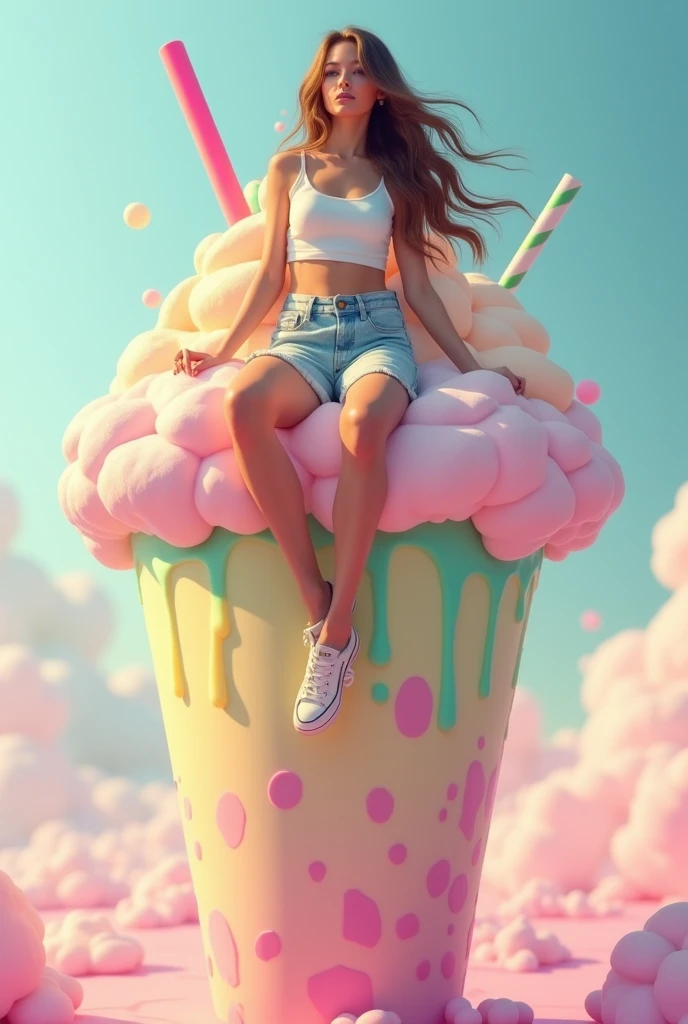 (Masterpiece,Best quality),hdr,k hd,Intricate details,vray render, rendering by octane, 1girll, Happy smile, holding ice cream:1.5, Many colorful balloon backgrounds