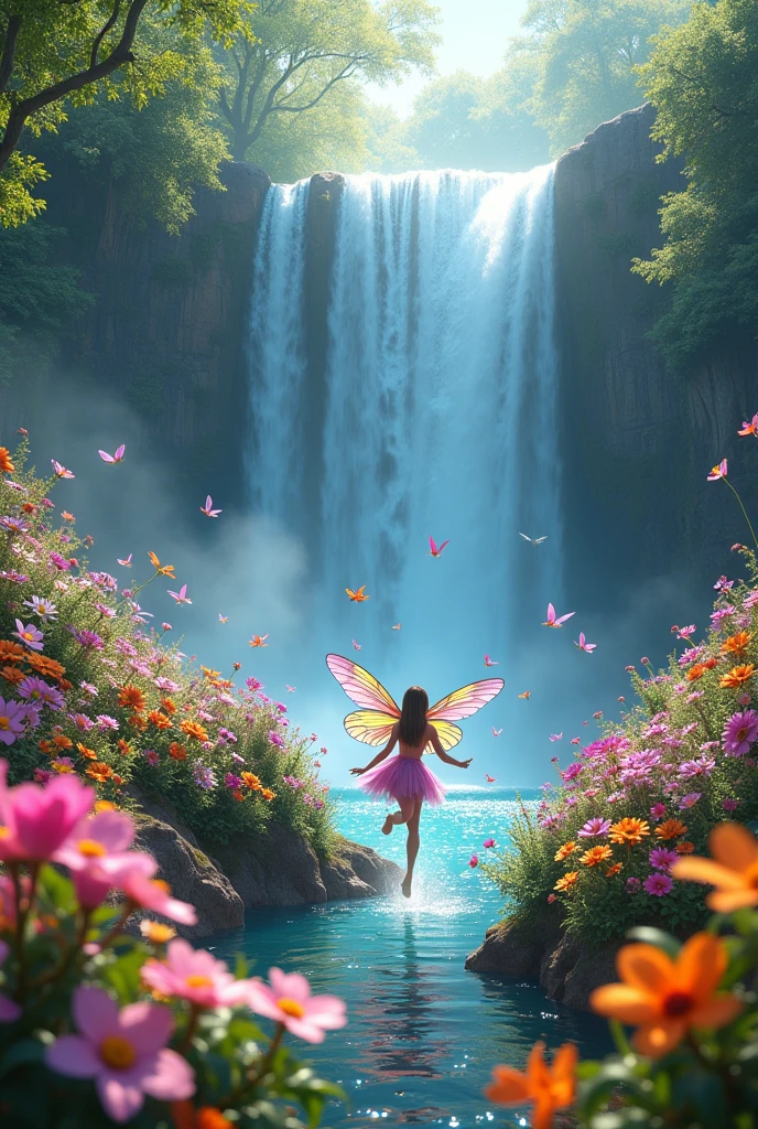 A beautiful girl is dancing , looking into the camera, photorealistic painting, sharp focus, 8k, perfect composition, trending on art station, award-winning photograph, unreal engine 5, cinematic smooth, intricate detail, highly detailed, from below, splash, fractal art, god ray, crystallineAI, rainbow,  in the park,naked