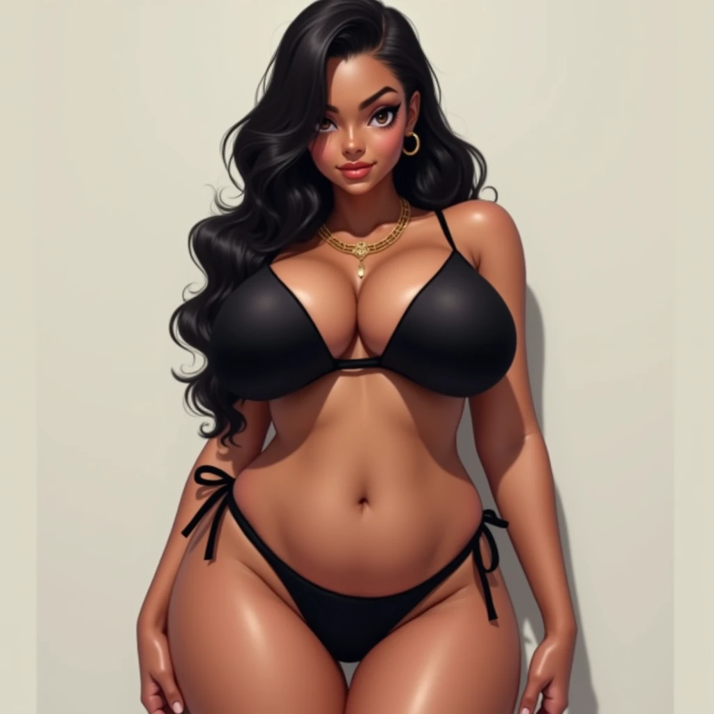 Masterpiece, UHD, 64K, studio lighting, photorealistic,  realistic, (symmetric face), high resolution, full body, wide angle, stunning sexy, perfect eyes, curvy muscular, ebony 20yo, body builder, sexy gorgeous girl, ((wearing Bdsm lingerie), really large bust, wide hips ,toned legs, thick thighs, hip bone, large curly hair, black hair, black skin, black lingeri, onlyfans 