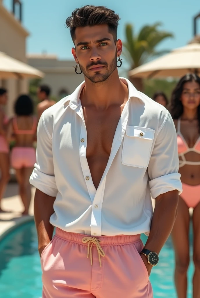 (photorealism:1.2), (8k) (detailed) (full body) Give me a man, Facial features: Square face with a marked jaw, prominent cheekbones and thick, dark eyebrows. Adds youthfulness to his appearance. Hair: Dark hair, usually combed back or with a slightly disheveled style, which can vary between short and medium. Eyes: Dark green eyes, with a penetrating look that expresses confidence, with cross-shaped hoops on each side. Build: slim and well-defined. Height 1.80, which gives him an imposing presence. Style: His style of dress: white shirt, pink shorts. Skin tone: Tanned skin tone, typical of the Mediterranean. Expression: He usually has a serious or concentrated expression, although he can show a charming and confident smile. (standing in a pool next to women) (high resolution), (4k).