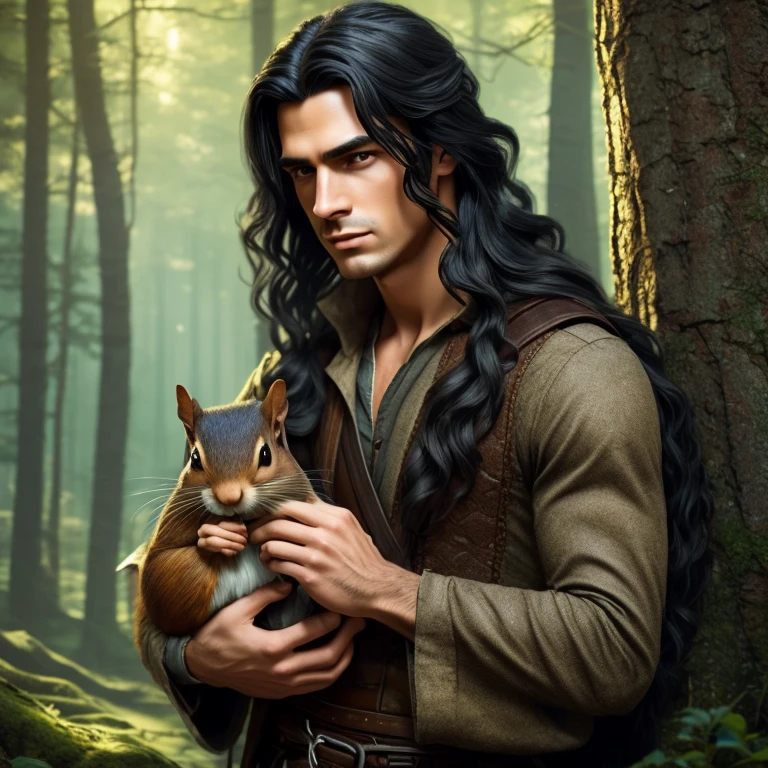 A handsome young male wizard with long black hair and a perfect face, holding a single cartoon-style forest squirrel in his hands, detailed face and eyes, beautiful detailed lips, extremely detailed eyes and face, long eyelashes, fantasy, magic, dark fantasy, cinematic lighting, dramatic lighting, volumetric lighting, rich colors, vibrant colors, intricate details, hyper realistic, 8k, sharp focus, cinematic composition, award winning, masterpiece, (best quality,4k,8k,highres,masterpiece:1.2),ultra-detailed,(realistic,photorealistic,photo-realistic:1.37)