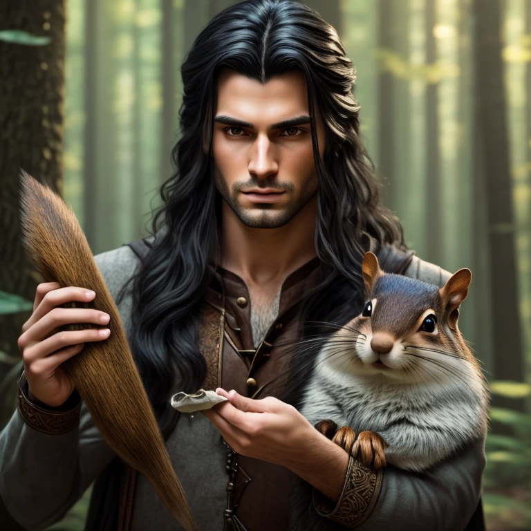 A handsome young male wizard with long black hair and a perfect face, holding a single cartoon-style forest squirrel in his hands, detailed face and eyes, beautiful detailed lips, extremely detailed eyes and face, long eyelashes, fantasy, magic, dark fantasy, cinematic lighting, dramatic lighting, volumetric lighting, rich colors, vibrant colors, intricate details, hyper realistic, 8k, sharp focus, cinematic composition, award winning, masterpiece, (best quality,4k,8k,highres,masterpiece:1.2),ultra-detailed,(realistic,photorealistic,photo-realistic:1.37)