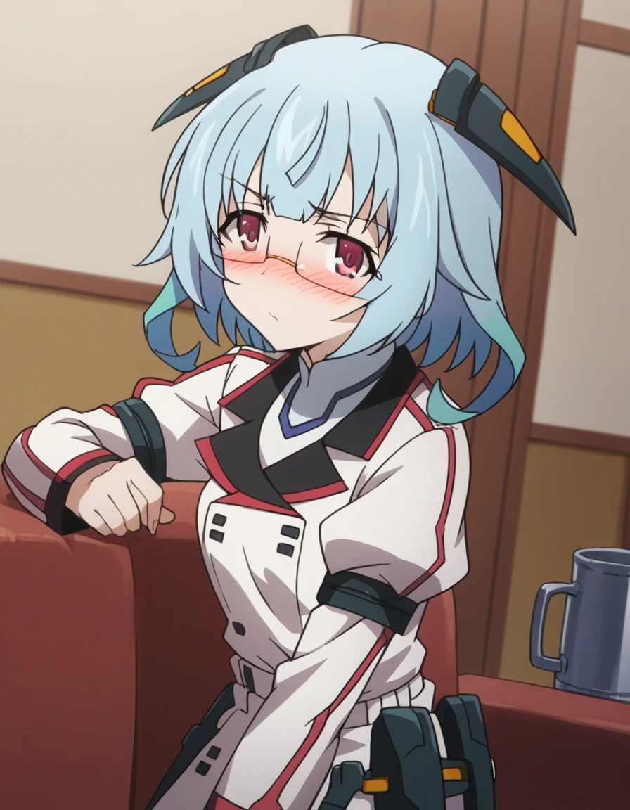 score_9, score_8_up, score_7_up, source_anime,
kanzashisarashiki, kanzashi sarashiki, red eyes, blue hair, glasses, semi-rimless eyewear,
school uniform, ribbon, blue ribbon, long sleeves, red trim, uniform, military uniform, white military uniform,
indoors, living room, on side, blush, drunk,
looking at viewer, cowboy shot, solo, dutch angle,