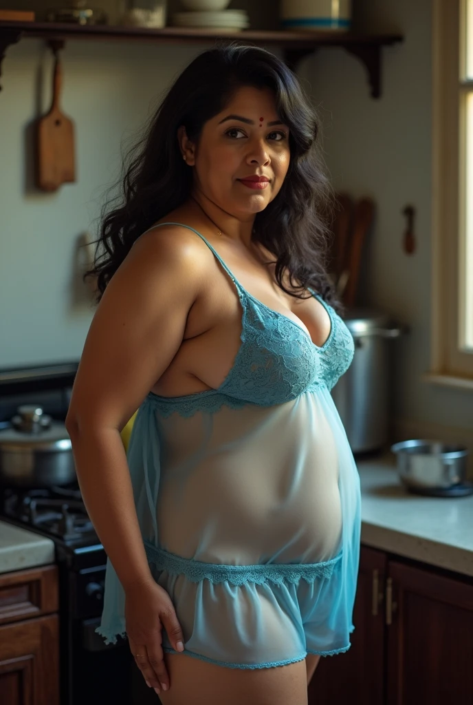 40 year old indian married women looking at the viewer, wearing shiny glossy and reflective finish polyester plus size full length transparent white silk skirt and transparent blue bikkini ,red panties, big Fat ass, Voluptuous, wide hips,Big thighs, scooped Big breast, ,fat wide ass , thin curvy tummy, messy bun, lipstic, smiling face,strap high heels, Jewellery, sitting on a small stool in kitchen , ornaments, white skin tone, clean skin, (side view)