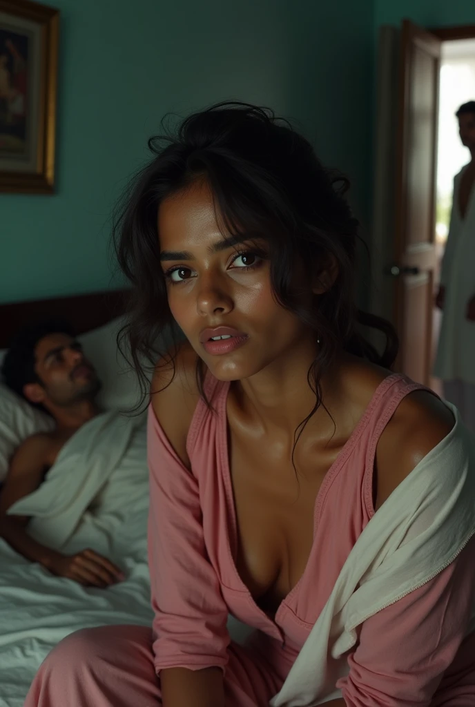 beautiful, slim, 32 year old Indonesian hijab woman wearing a gamis with open buttons, visible bra with a sad facial expression sitting on the bed while contemplating, next to a 16 year old boy who is sleeping on a simple mattress in a room with wooden wall.