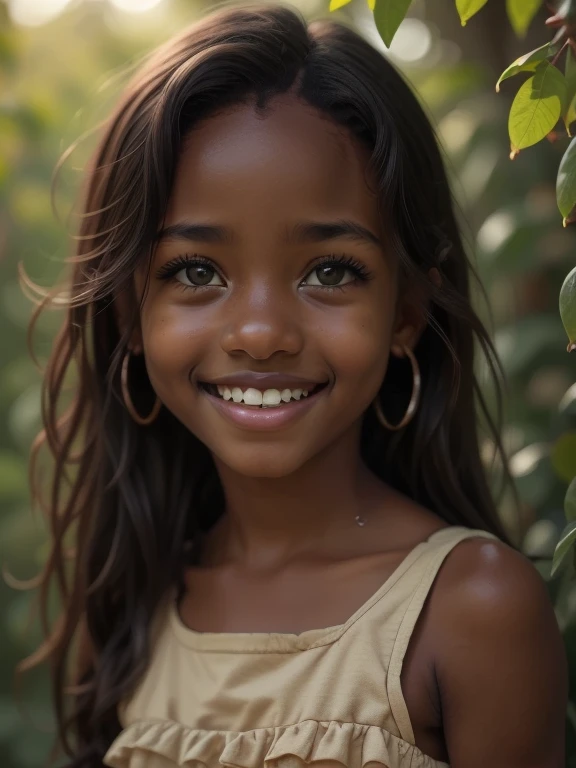 (portrait, editorial photograph of a beautiful african girl, ebony, dark skin, adorable face, long brown curly hair, ((hazel eyes)), nikon d850, film stock photograph ,4 kodak portra 400 ,camera f1.6 lens ,rich colors ,hyper realistic ,lifelike texture, dramatic lighting, (highly detailed face:1.4), perfect eyes, realistic iris, perfect teeth, (smile:0.7), (background dark, shadow of the leaves),