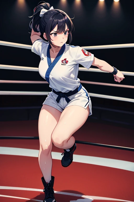 Anime Art、Full body portrait、Professional wrestling ring、A female martial artist, about 20 years old, standing upright, about 170 cm tall, wearing a white short-sleeved judo uniform and white shorts、Hairstyle: short ponytail、Black Hair、almondeyes、Dark Eyes、Angry、boots、My whole body is wet with sweat、Blue ribbon、Diagonally below