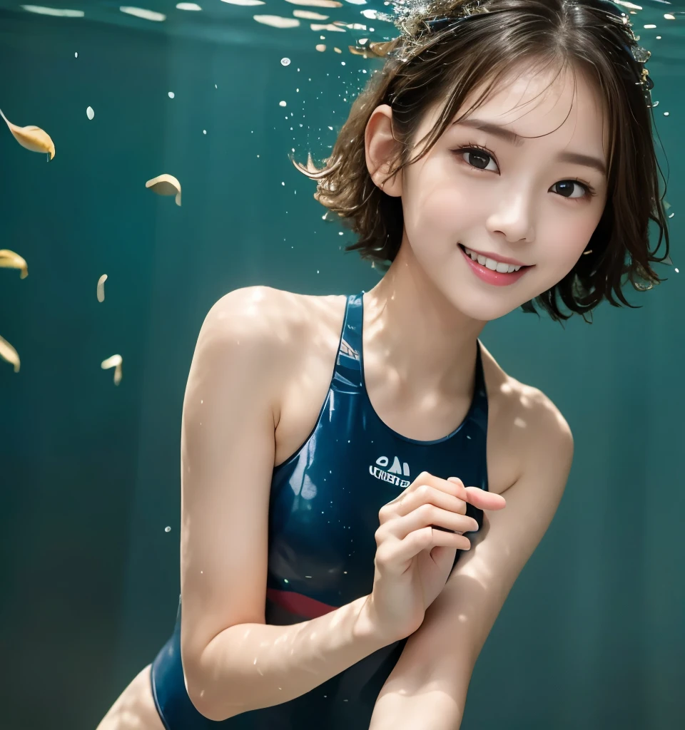 Highest quality、、Ultra-high resolution、Clear photos、Professional Lighting、(Very cute girl、beautiful girl、The cutest Yoda Yuki)、、Small facry short hair:1.6)、smile、Tight waist、(Swimming underwater:1.6)、diving underwater:1.8、Breaststroke:1.6、(Wearing a thin swimsuit:1.2、Shooting from under water)、Shooting from directly below:1.4、hair swaying like waves、Wet Hair、Foam appears from the mouth、The bubbles dance、Please open your eyes a little...、Full body photo