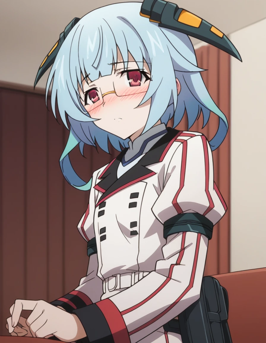 score_9, score_8_up, score_7_up, source_anime,
kanzashisarashiki, kanzashi sarashiki, red eyes, blue hair, glasses, semi-rimless eyewear,
school uniform, ribbon, blue ribbon, long sleeves, red trim, uniform, military uniform, white military uniform,
indoors, living room, on side, blush, drunk,
looking at viewer, cowboy shot, solo, dutch angle,