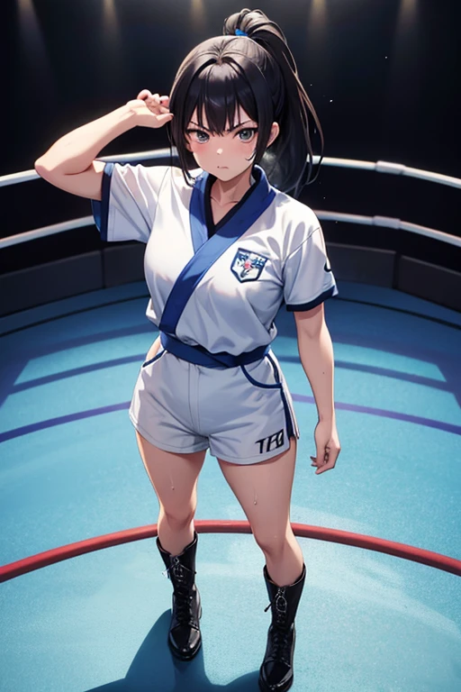 Anime Art、Full body portrait、Professional wrestling ring、A female martial artist, about 20 years old, standing upright, about 170 cm tall, wearing a white short-sleeved judo uniform and white shorts、Hairstyle: short ponytail、Black Hair、almondeyes、Dark Eyes、Angry、boots、My whole body is wet with sweat、Blue ribbon、Diagonally below