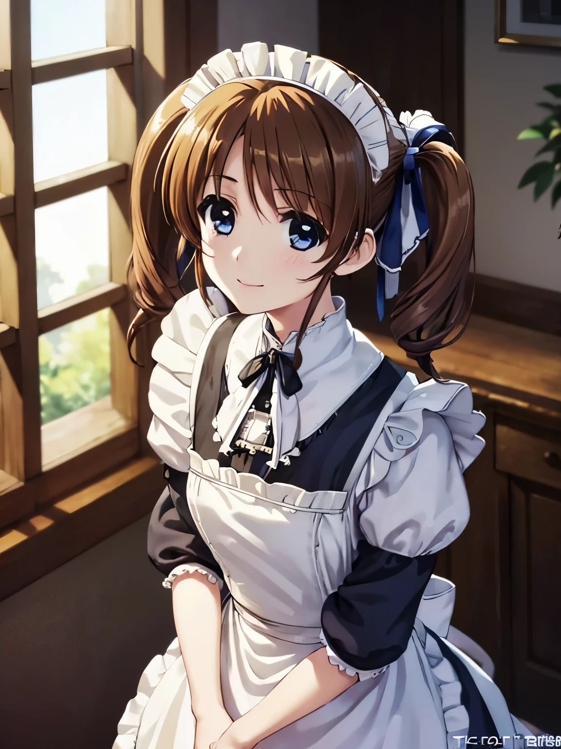 Highest quality,Otome、One Girl、Shooting from the front、Smiling、(Anime illustration style:1.2),takamachi nanoha, Brown Hair, Twin tails, blue eyes、Closed Mouth、Standing、White maid outfit、(victorian maid outfit:1.5), Very detailedな顔, Perfect lighting, Very detailedなCG, (Perfect Anatomy),Sharp focus, (Very detailed, bloom, Shine)、(Genuine、Realistic、Realistic)、High resolution、超High resolution、Ultra-fine painting,