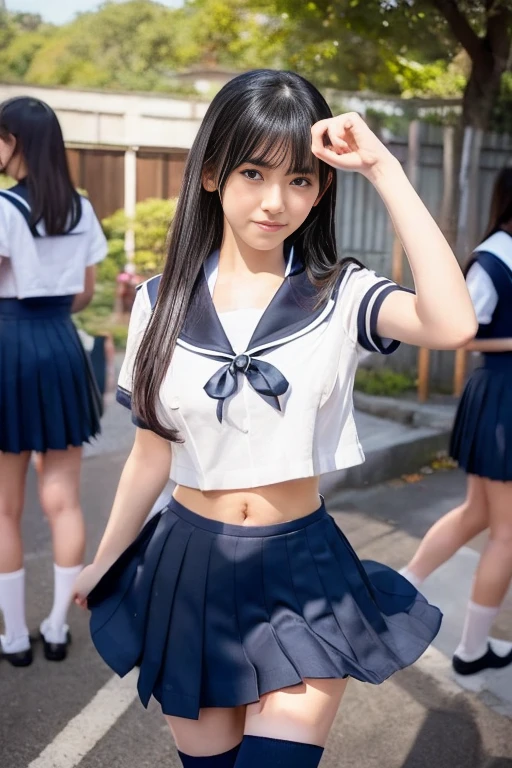 (Ultra HD), (Short-sleeved sailor uniform, very short dark blue skirt,), Big Breasts, Super beautiful breasts, thin, Tight waist, (belly buttonが見える:0.8), whole body, Standing posture, (Beautiful Skin, Glowing Skin, White skin), (Super slim face, Super beautiful face), (ponytail, Layered Cut, Fluffy hair), (double eyelid, Slanted Eyes), Small Nose, Thin lips, thin脚, In front of the school gate、((Natural Makeup))、((Short length、belly button))、(Magazine Model)、((stockings))、(Selfie taken from below with a fisheye lens)、((Very good、Protruding nipples))、((Push out the chest))、(Model pose)、ass pov, (Multiview), Sparkle Effect, hair band, Ultra low-angle panty shots and breast shots