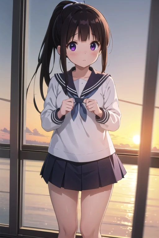 masterpiece,One girl,,blush,sunset,classroom,(Good luck) Clenched hands, Viewer looking up Chitanda Eru,Shining Eyes,close,Long Hair，whole body，Sailor suit，mini skirt，whole body，Navy blue sailor ribbon，ponytail