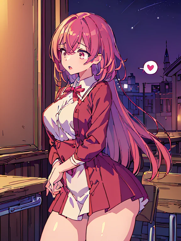 ((2girl),(yuri),(Stare deeply into each other's eyes)), (illustration), (masterpiece,best quality,high-resolution,detailed fingers,detailed hands,detailed eyes,detailed legs:1.5), (Anatomically correct number of limbs),  (long hair,short hair,pink and red hair), (big breasts),((clothed))), ((orgasm), (spoken heart)),((classroom),(Late Night))