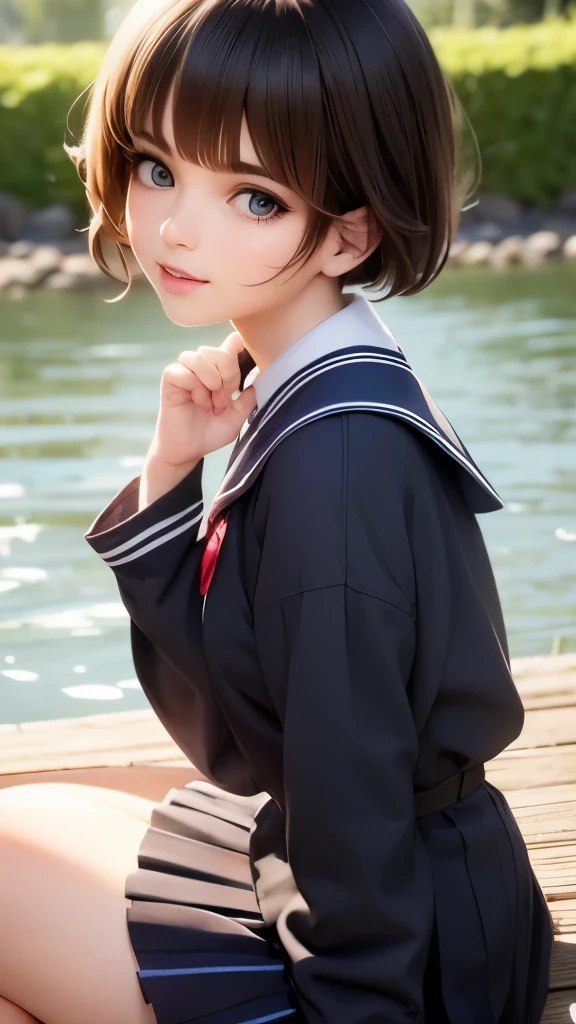 From the front, sitting on the river bank, a high school girl with beautiful eyes and pretty lips, short black hair, sailor uniform, navy blue pleated skirt, surprised expression, hands behind back