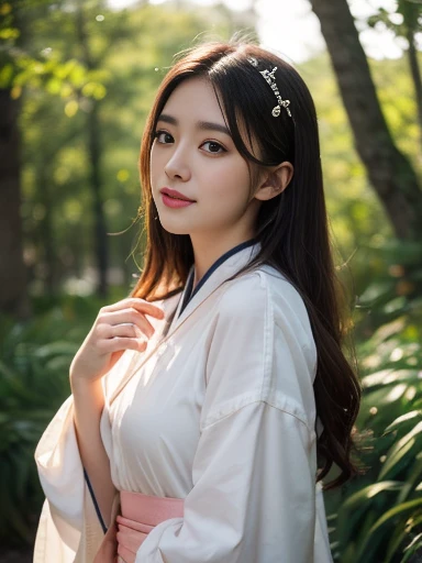 Great quality, masterpiece, High Resolutiupon, One girl, blush, (Cute Smile: 0.8), Star Eyes, chinese hanfu, hair accessory, jewelry, beauty, upon_body, Tyndall effect, Realistic, Peach Blossom Forest, Light Edge, Two-tupone Lighting, (Skin with attention to detail: 1.2), 8k ウルトラHD, Digital SLR, Soft Light, high quality, Volumetric Lighting, Voyeur, photograph, High Resolutiupon, 4K, 8k, Background Blur