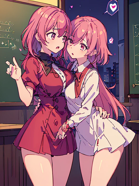 ((2girl),(yuri),(Stare deeply into each other's eyes)), (illustration), (masterpiece,best quality,high-resolution,detailed fingers,detailed hands,detailed eyes,detailed legs:1.5), (Anatomically correct number of limbs),  (long hair,short hair,pink and red hair), (big breasts),((clothed))), ((orgasm), (spoken heart)),((classroom),(Late Night))