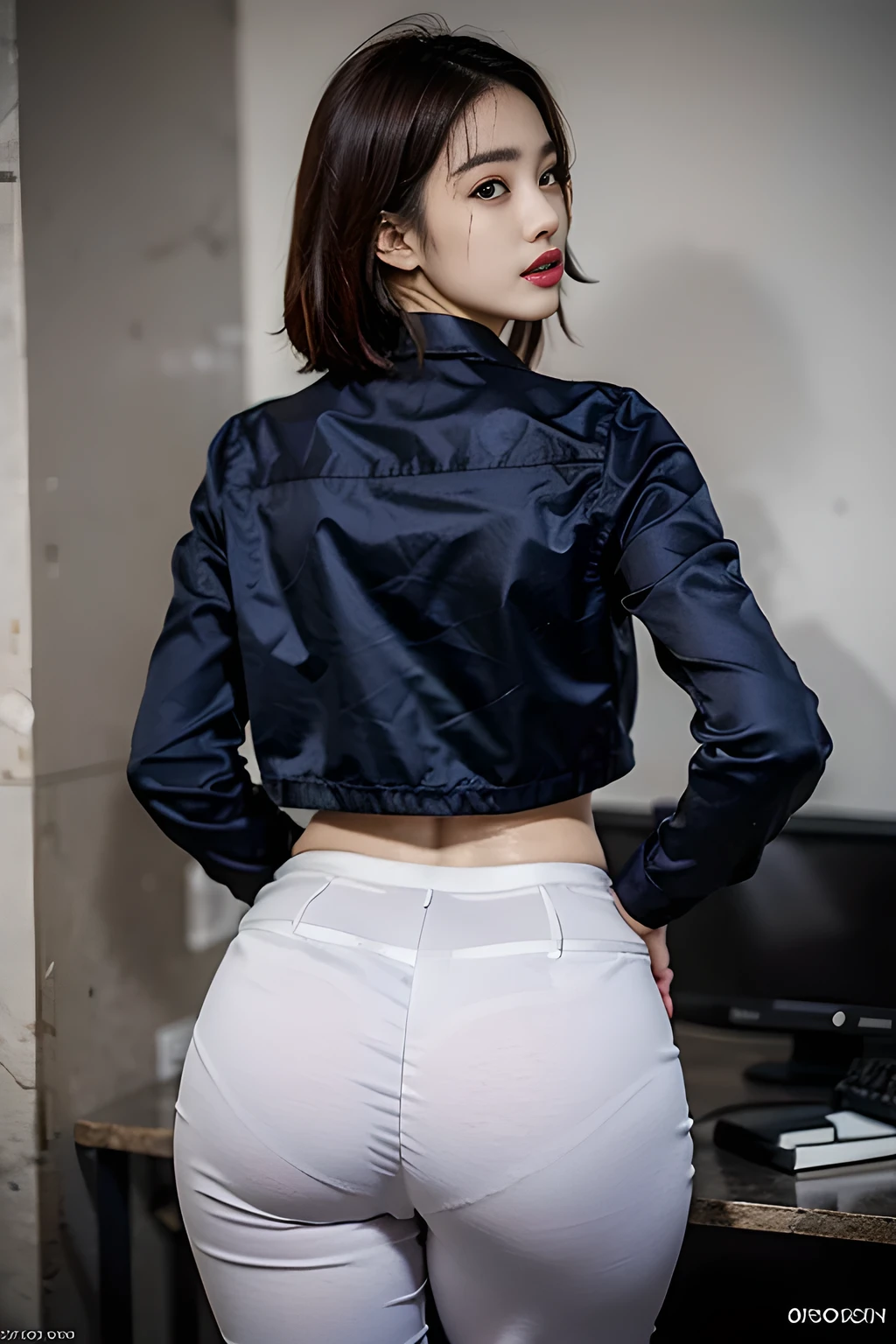 (close:1.4)、(RAW shooting:1.2)、(realistic:1.4)、(masterpiece:1.3)、(highest quality:1.4)、alone、(beautiful woman with perfect body:1.4)、7 head and body、sexyでとても美しい素敵なゴージャスフェイス、the most beautiful face in the world、small face beauty、(full body shot)、(pieces fly)、(look at me)、brown eyes、(short hair with bangs:1.2)、(office suit、white clothes、dark gray tight skirt)、high heels、(thin waist:1.2)、(beautiful little ass:1.3)、(stick out your butt)、put your hand on the wall、backwards、angle from behind、You can clearly see the shape of your butt、Inviting, gestures、sexy、naked ass、Excited、(show me your butt)、exposure behavior、Ass to show、(beautiful thighs)、(perfect anatomy:1.2)