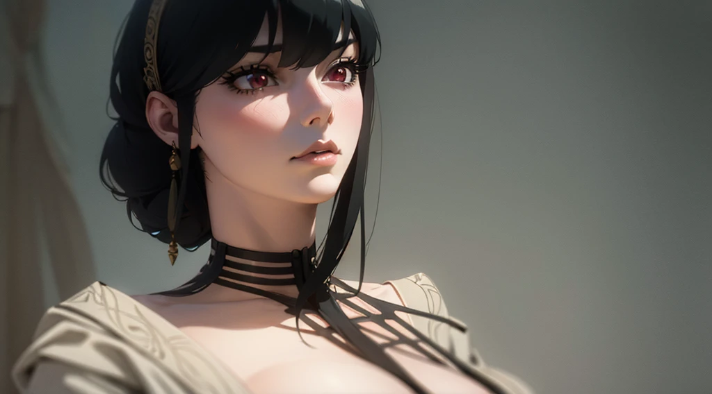 intricate detailed portrait of a beautiful woman with long black hair, piercing red eyes, a revealing apron exposing her body, deep cleavage, and a voluptuous figure, seductive and alluring, (best quality,4k,8k,highres,masterpiece:1.2),ultra-detailed,(realistic,photorealistic,photo-realistic:1.37),highly detailed face, beautiful eyes, luscious lips, feminine facial features, ornate jewelry, flowing fabric, dramatic lighting, cinematic composition, muted color palette, atmospheric mood