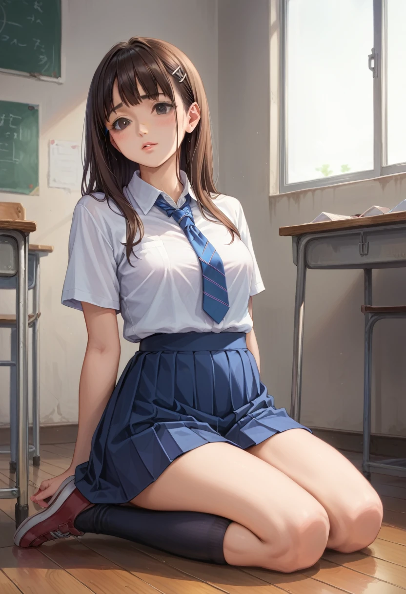 anime - style image of a man kneeling on a woman's lap, a hyperrealistic schoolgirl, hyperrealistic schoolgirl, realistic schoolgirl, (sfw) safe for work, noire moody scene, | fine detail anime, realistic anime 3 d style, anime highly detailed, [ 4 k digital art ]!!, range murata and artgerm