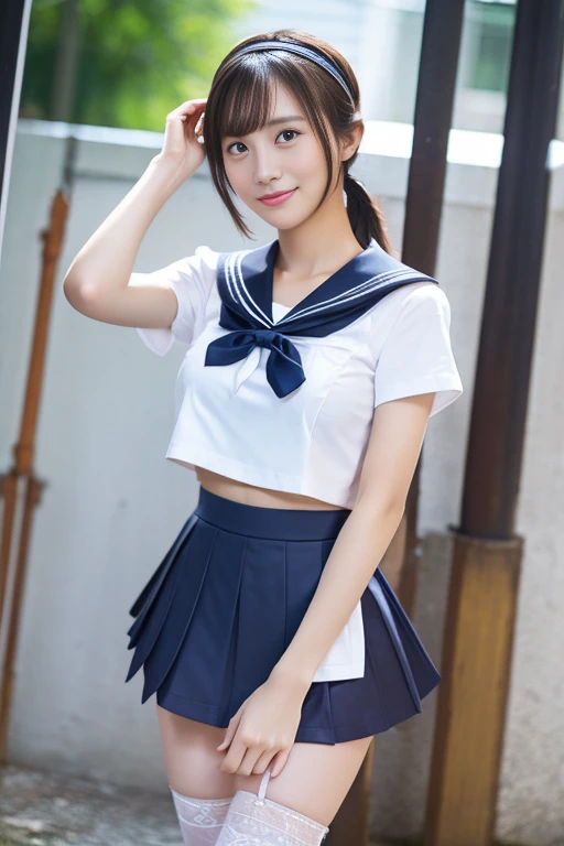 (Ultra HD), (Short-sleeved sailor uniform, very short dark blue skirt,), Big Breasts, Super beautiful breasts, thin, Tight waist, (belly buttonが見える:0.8), whole body, Standing posture, (Beautiful Skin, Glowing Skin, White skin), (Super slim face, Super beautiful face), (ponytail, Layered Cut, Fluffy hair), (double eyelid, Slanted Eyes), Small Nose, Thin lips, thin脚, In front of the school gate、((Natural Makeup))、((Short length、belly button))、(Magazine Model)、((stockings))、(Selfie taken from below with a fisheye lens)、((Very good、Protruding nipples))、((Push out the chest))、(Model pose)、ass pov, (Multiview), Sparkle Effect, hair band, Ultra low-angle panty shots and breast shots