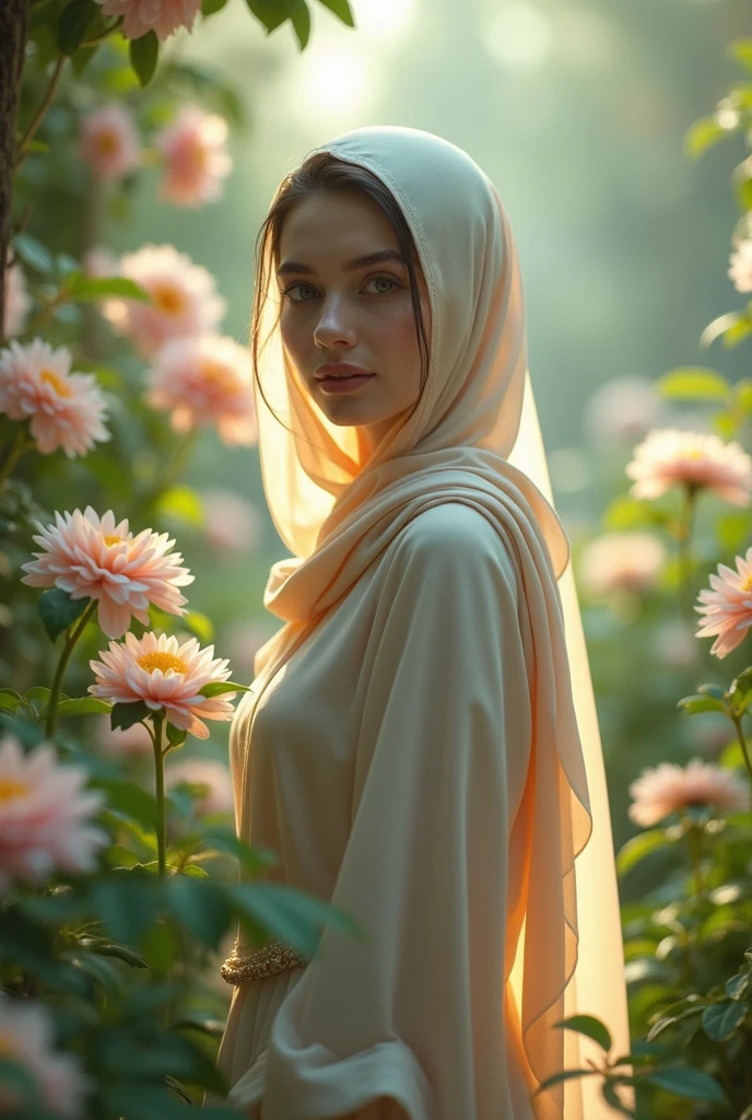 surreal fantasy photo:1.4, (vibrant:1.2), (whimsical:1.2), (dreamlike:1.2), high saturation, bright colors, ethereal lighting, dynamic movement, wide-angle, imaginative, otherworldly, colorful flora, flowing fabric, 24mm lens, f/4, fantastical, enchanting, a hijab woman in white, in a flowing white dress in a vibrant, fantasy-like environment