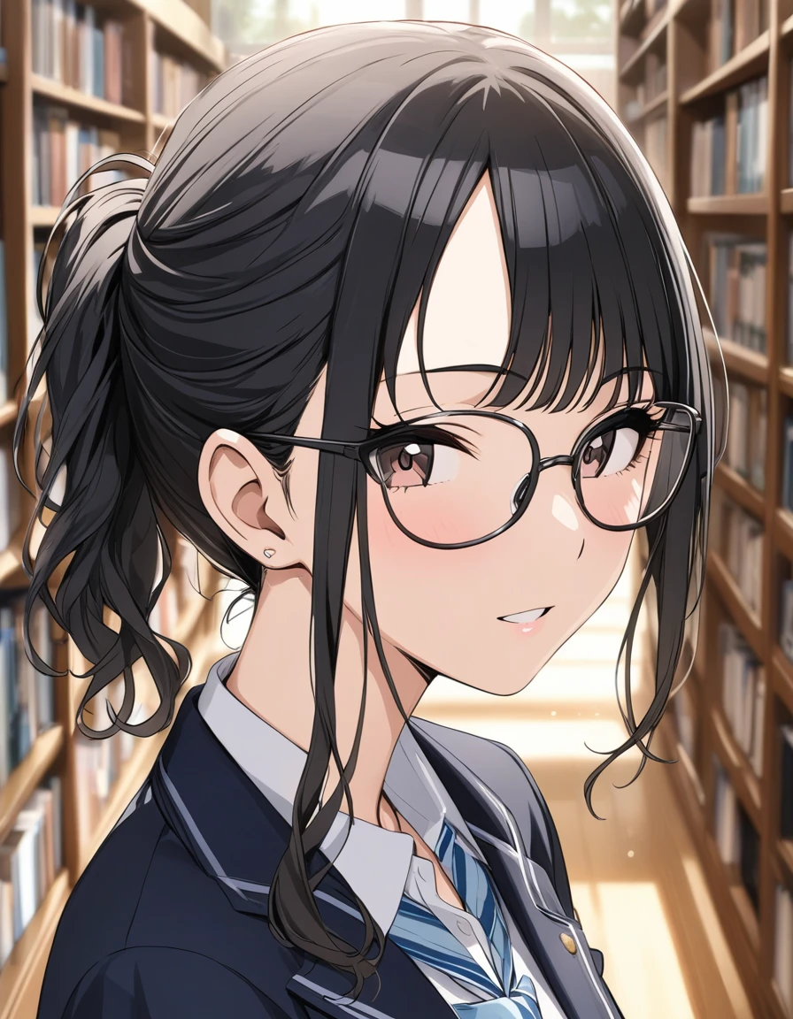 (masterpiece),(Highest quality),(Very detailed),(Best illustrations),(Best Shadow),(disorganized),(Detailed Background),(so beautiful), 
Official Style,
(hiori kazano:1.5), ponytail, black hair, black eyes,
(The Idolmaster Shiny Colors:1.2),

school uniform,
Glasses,
Glassesに触れる,
(There is a mole under the lip:1.2),
alone,
Library,
Background Blur, 
(realistic skin:0.2)
focus on face,
Close-up, 