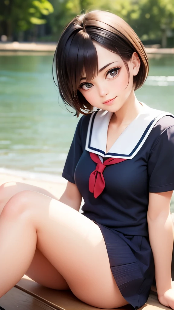 From the front, sitting on the river bank, a high school girl with beautiful eyes and cute lips, short black hair, sailor uniform, navy blue pleated skirt, surprised expression, legs spread in M-shape