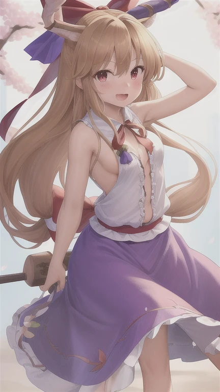 (masterpiece, best quality), best quality, (ultra-detailed), (3heads:1.5), 1girl, (3heads:1.5), 1girl, (yakumo yukari:1.3), masterpiece, best quality, ultra quality, ultra resolution, ultra detail, purple top, crop top, ((stomach)), midriff, ((groin)), purple skirt, frilled skirt, normal ears, shackles, blonde hair, very long hair, wavy hair, sidelocks, purple eyes, parted lips, single horn, sweat, cute, toned belly, hand on own chest, eyelashes, (24 year old woman:1.3), (masterpiece:1.5), (best quality:1.5), (beautiful detailed), extremely detailed CG, extremely delicate and beautiful, depth of field, (finely detailed face), (perfect details:1.2), (mature female:1.3), wide pelvis, slender, large veiny breast, 16k resolution, highres, high quality, high definition, extremely detailed, masterpiece, best quality, blonde hair, long hair, alluring presence, braid, short skirt, close up, big tits, young, frills, hat, hat ribbon, midriff, nsfw,