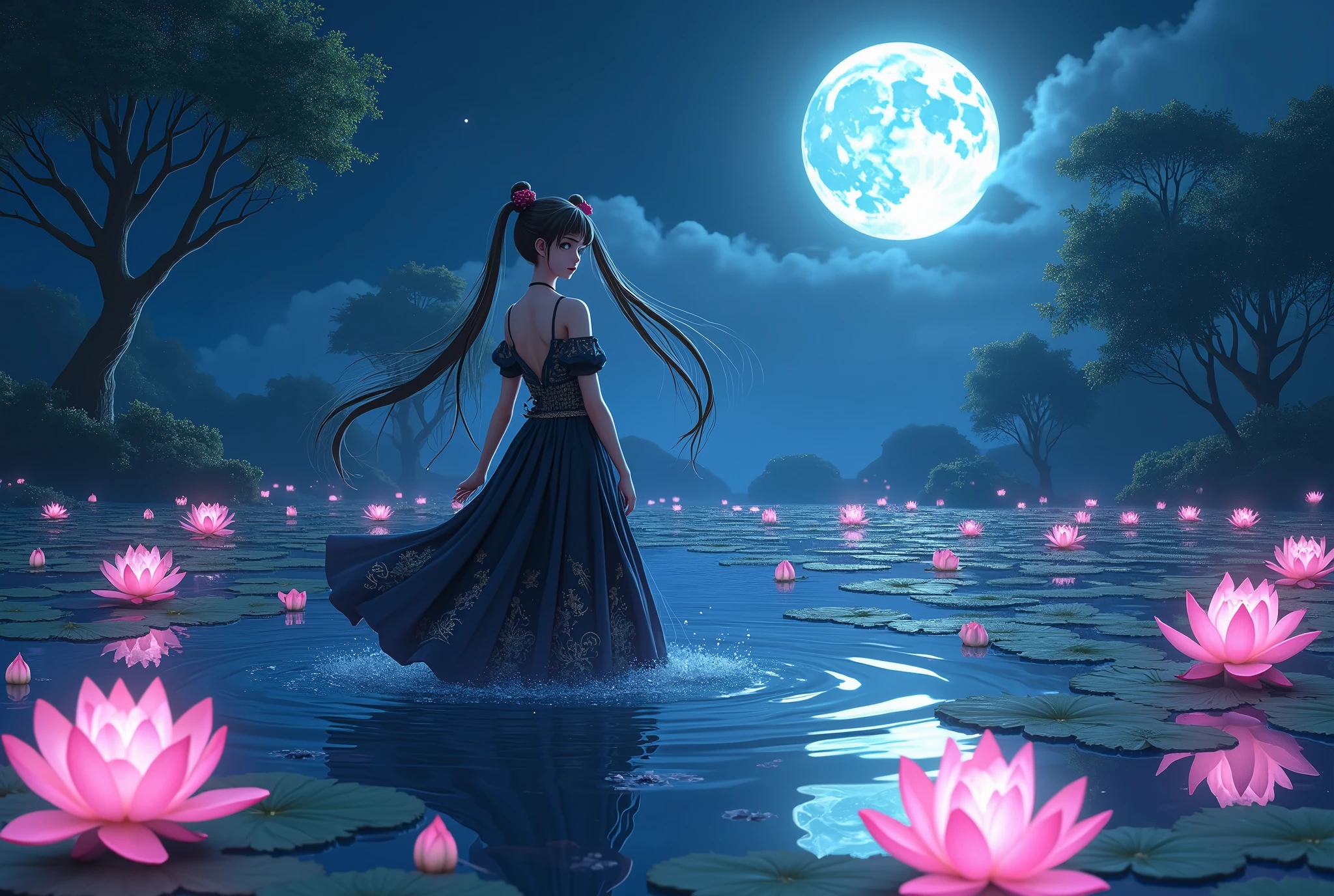 Sailor Moon in an elaborate black silk Asian dress, she is moving through a pond of magic lotus magical night big full moon
