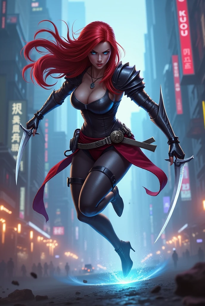(masterpiece, best quality)1.5, 1girl, solo, (sexy, beautiful woman)1.5, (katarina, <lora:katarinaLeagueOf_abyssorangemix2:0.8>, belly tattoo, black pants, knee-high lace-up boots, black gloves, harness, dual swords), (fighting stance in the middle of a street, night sky)1.5, (long red hair, green eyes)1.5, (large breasts:1.5), (toned body:1.5), smiling, intricately detailed, smooth, hdr, 4k, 8k