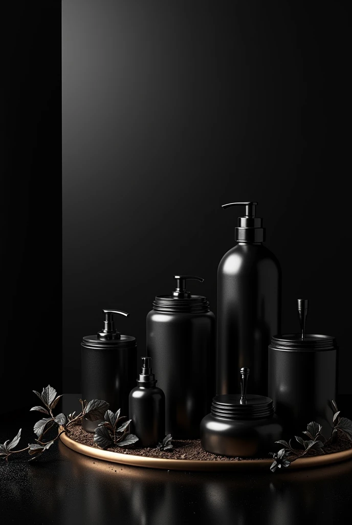 (photorealism:1.2)Maximalist black background with a black elegant luxury theme, products, make space for text , 