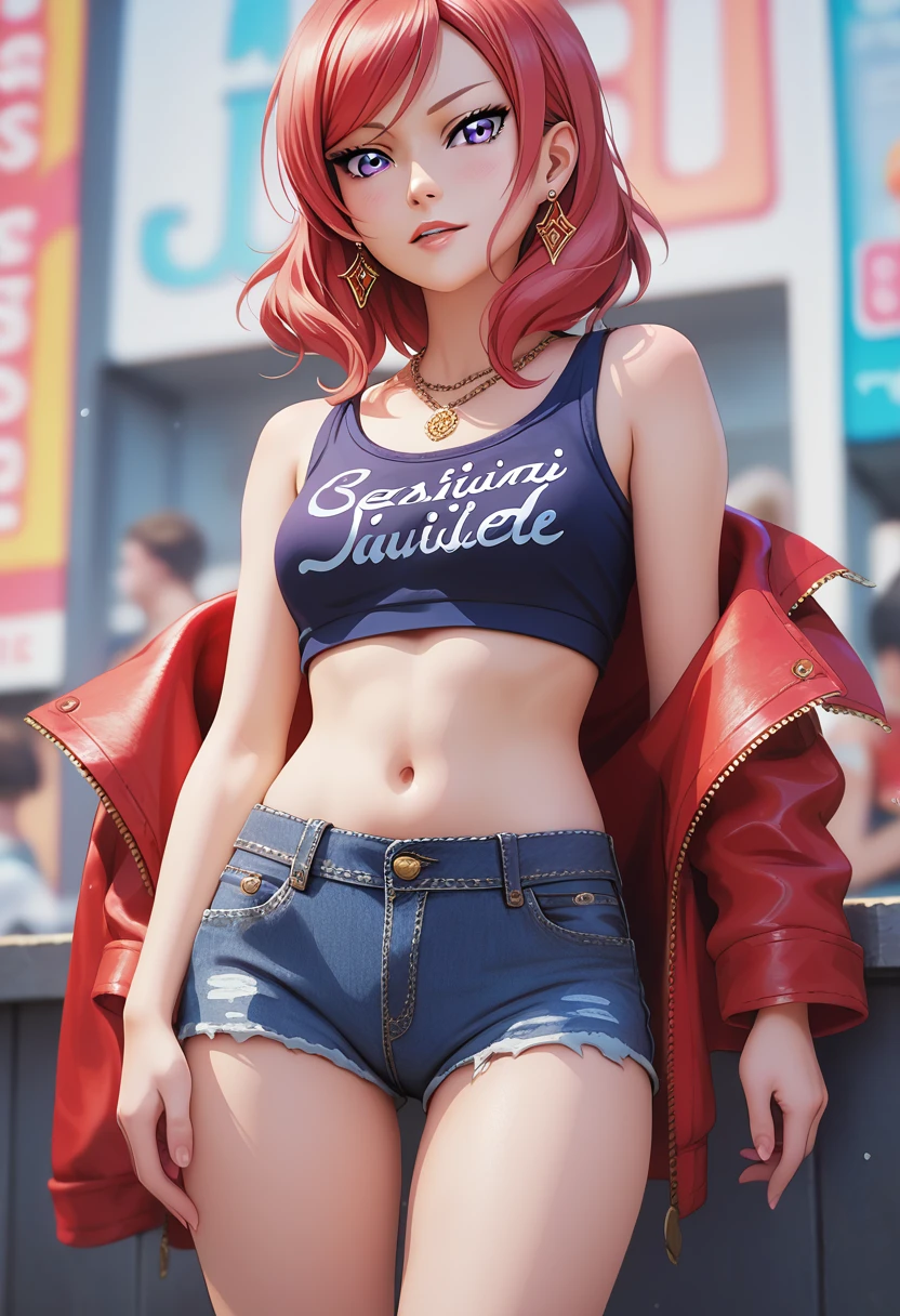 masterpiece, best quality, nishikino maki,red hair, medium hair, purple eyes , standing, stylish blouse, denim shorts,lower belly exposed, earrings, necklace , clothes writing, front view