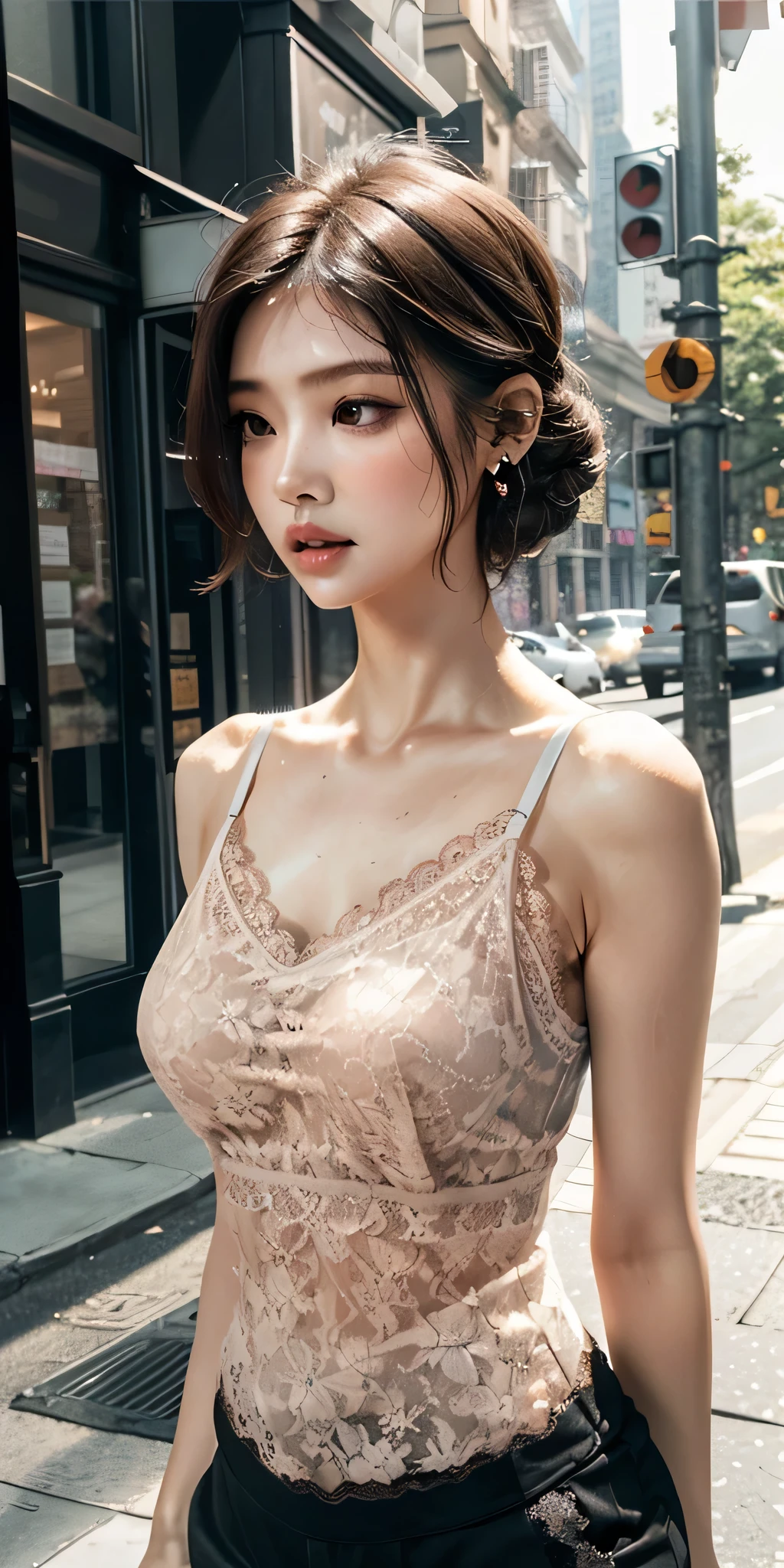 upper body photo of a beautiful woman, fiddling with cell phone in the middle of the street, [see-through](short lace cami:1.47), natural breast, medium breasts, (narrow waist, perfect body curve), earring, sharp focus, (tall body, adult woman), ((looking at away)), (high detailed skin, skin pores:1.4)