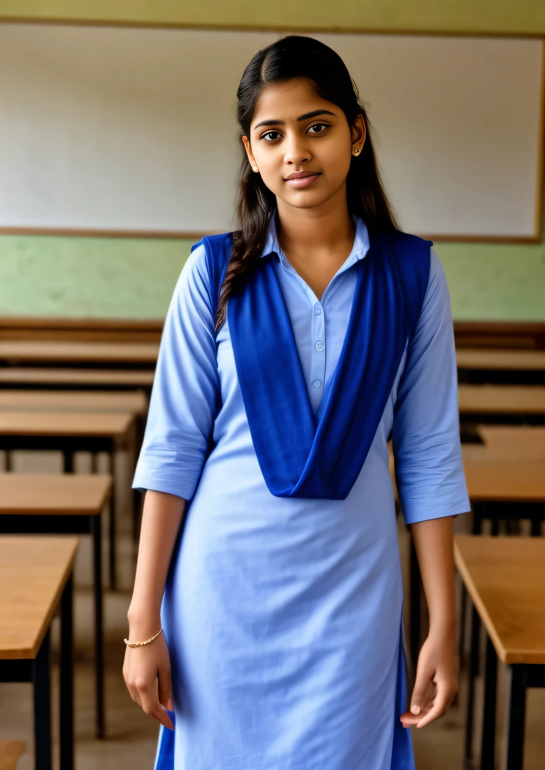 20 years old school girl in india, in a classroom, wearing a salwar kameez uniform, full body, detailed face, beautiful eyes, delicate facial features, cinematic lighting, photorealistic, 8k, highly detailed, masterpiece