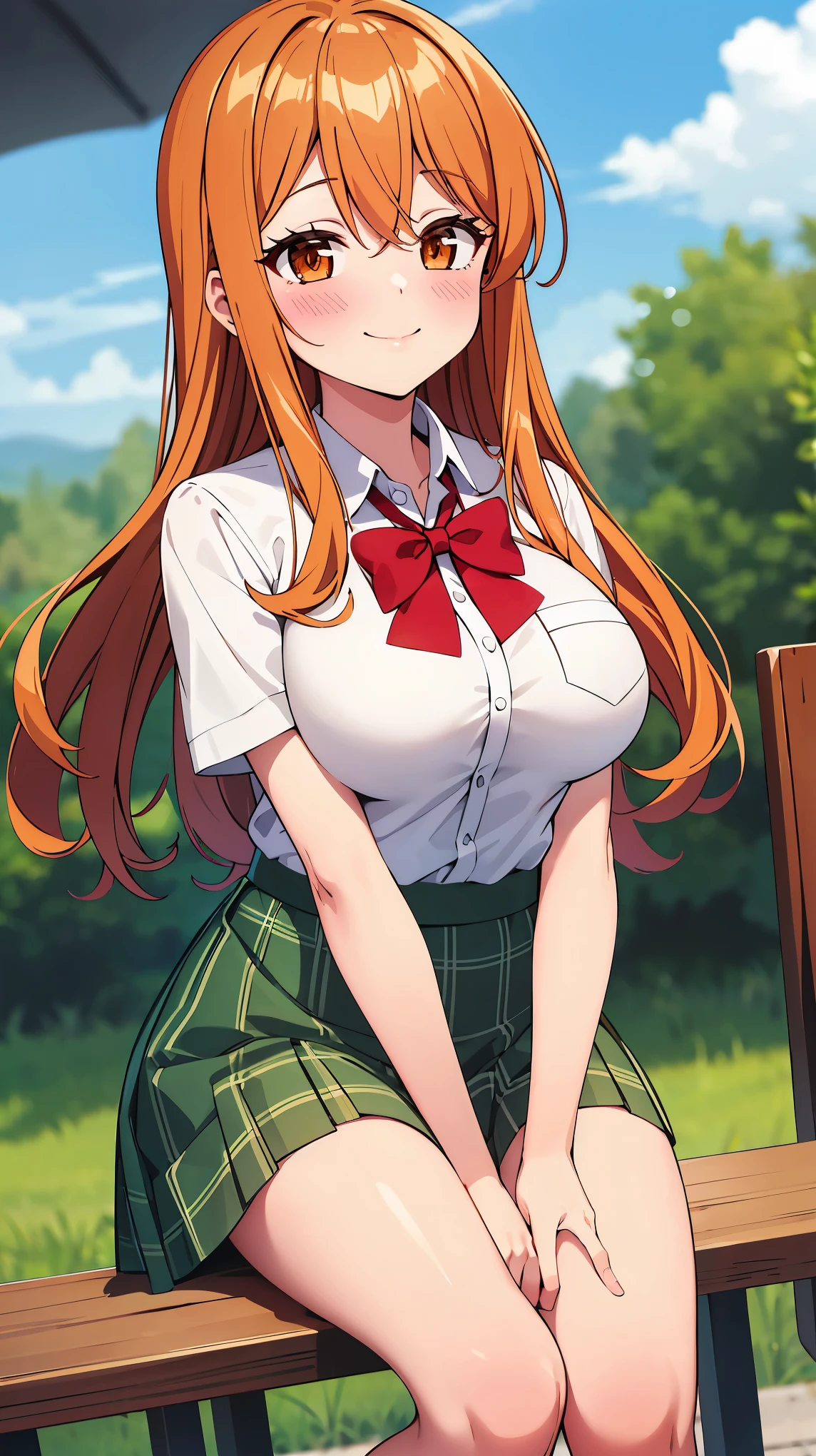 score_4, score_5, score_6, score_9, score_8_up, score_7_up, source_anime, solo, hakufusdxl, long hair, antenna hair, ahoge, orange hair, aqua eyes,large breasts, magatama earrings, , red skirt, pleated skirt, plaid skirt large breasts, sweater vest, yellow vest, white shirt, collared shirt, short sleeves, wide hips, thick hips, standing, cowboy shot, looking at viewer,, nature, outdoors, skirt lift, panties, cameltoe, anime screencap, seen from below, dynamic angle, blushing, bedroom eyes, smile, ((wetting self, pee stains,))