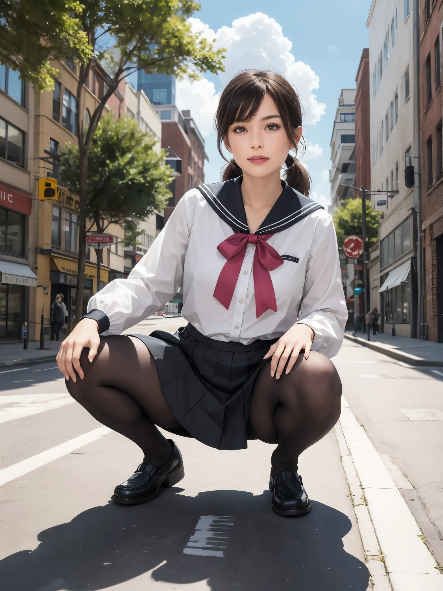 girl crouching, BREAK, girl, full body, spread legs, crouching, straight long hair, bangs, detailed face, looking at viewer, sailor collar, loafers, blouse, gigantic breasts, long sleeve, pleated skirt, pantyhose, street, trees, hills, cloud, natural light, masterpiece, pink ribbon, black skirt, low twin tails, red ribbon, black hair, apartment, office building, cityscape, modern architecture, blue sky, outdoors,