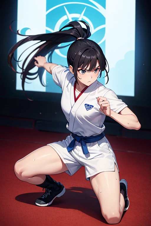 Anime Art、Full body portrait、Professional wrestling ring、A female martial artist, about 20 years old, standing upright, about 170 cm tall, wearing a white short-sleeved judo uniform and white shorts、Hairstyle: short ponytail、Black Hair、almondeyes、Dark Eyes、Angry、boots、My whole body is wet with sweat、Blue ribbon、Diagonally below