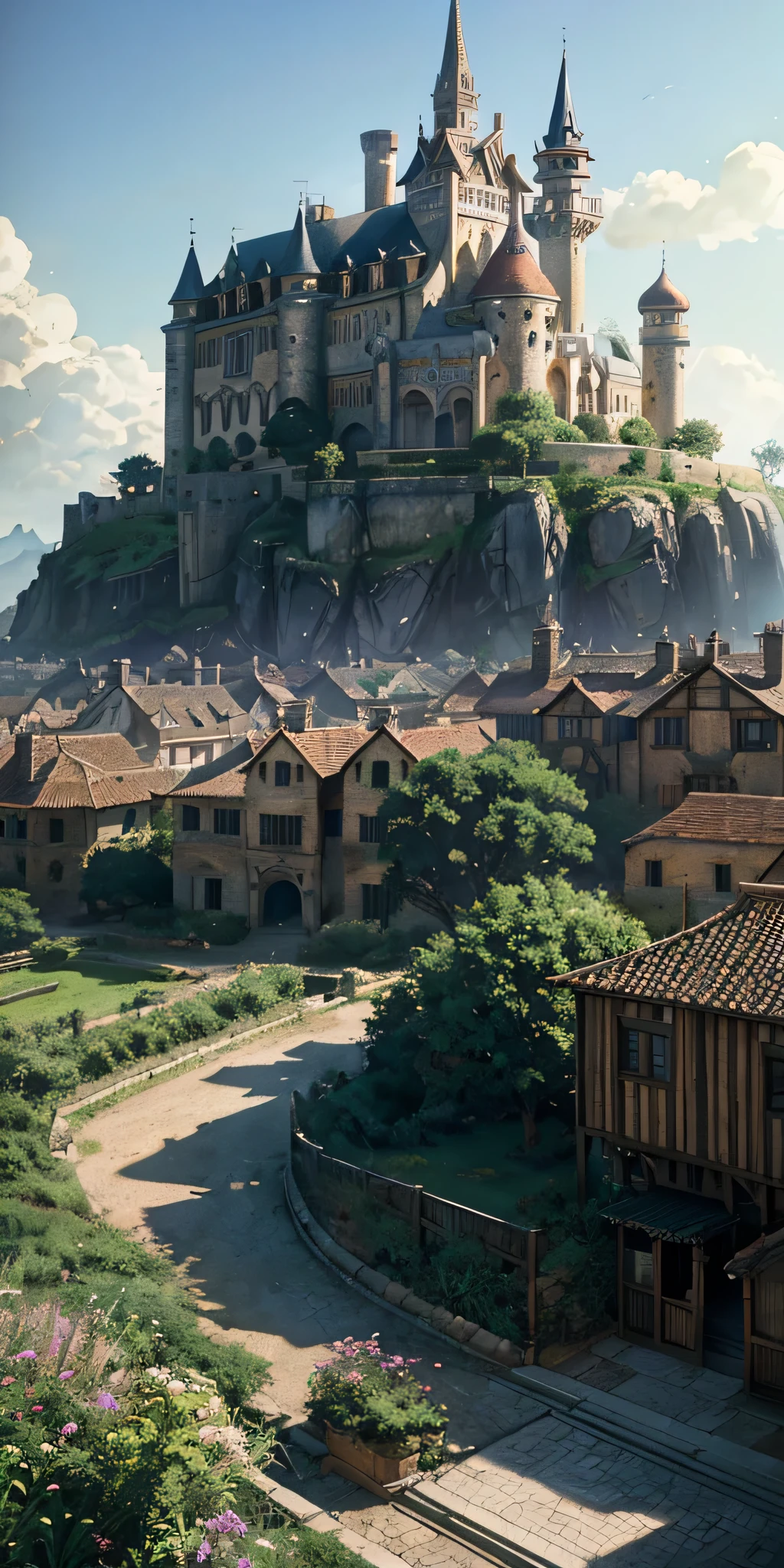 4k, realistic, very detailed, wide angle lens, moist medieval town, vibrant, fantastical plants, a big house, Makoto Shinkai style, anime background, concept art, (no characters appearing), realistic lighting, epic composition, diffuse, (masterpiece, best quality), super hd, 32k --v 6