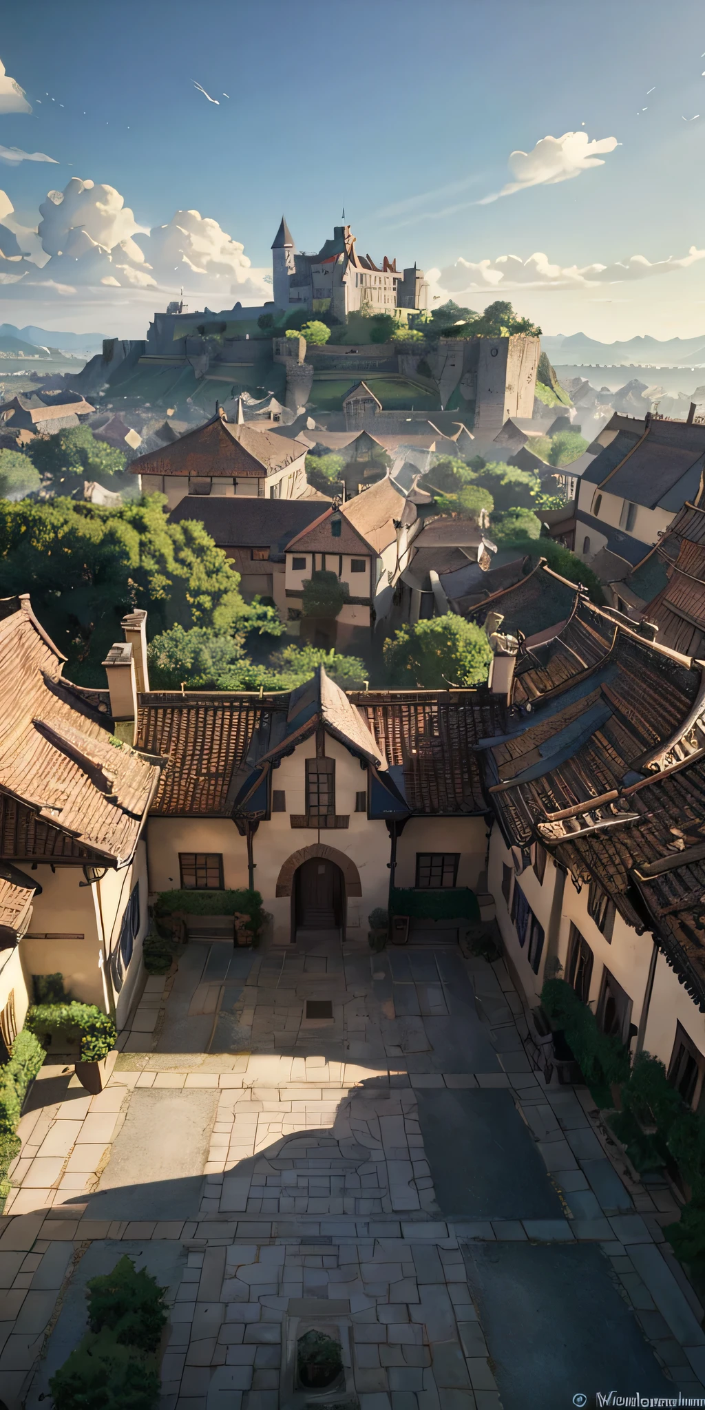 4k, realistic, very detailed, wide angle lens, moist medieval town, vibrant, fantastical plants, a big house, Makoto Shinkai style, anime background, concept art, (no characters appearing), realistic lighting, epic composition, diffuse, (masterpiece, best quality), super hd, 32k --v 6