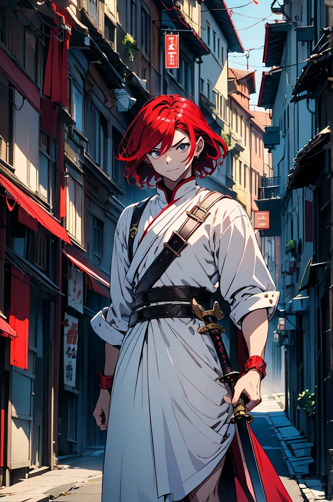 male、Red Hair、short hair、Handsome、Holy Knight、(Giant Sword)、片手にGiant Swordを持っている、Western clothing、Decorative clothing、White clothes、Red Cape、whole body、shoes、Simple Background