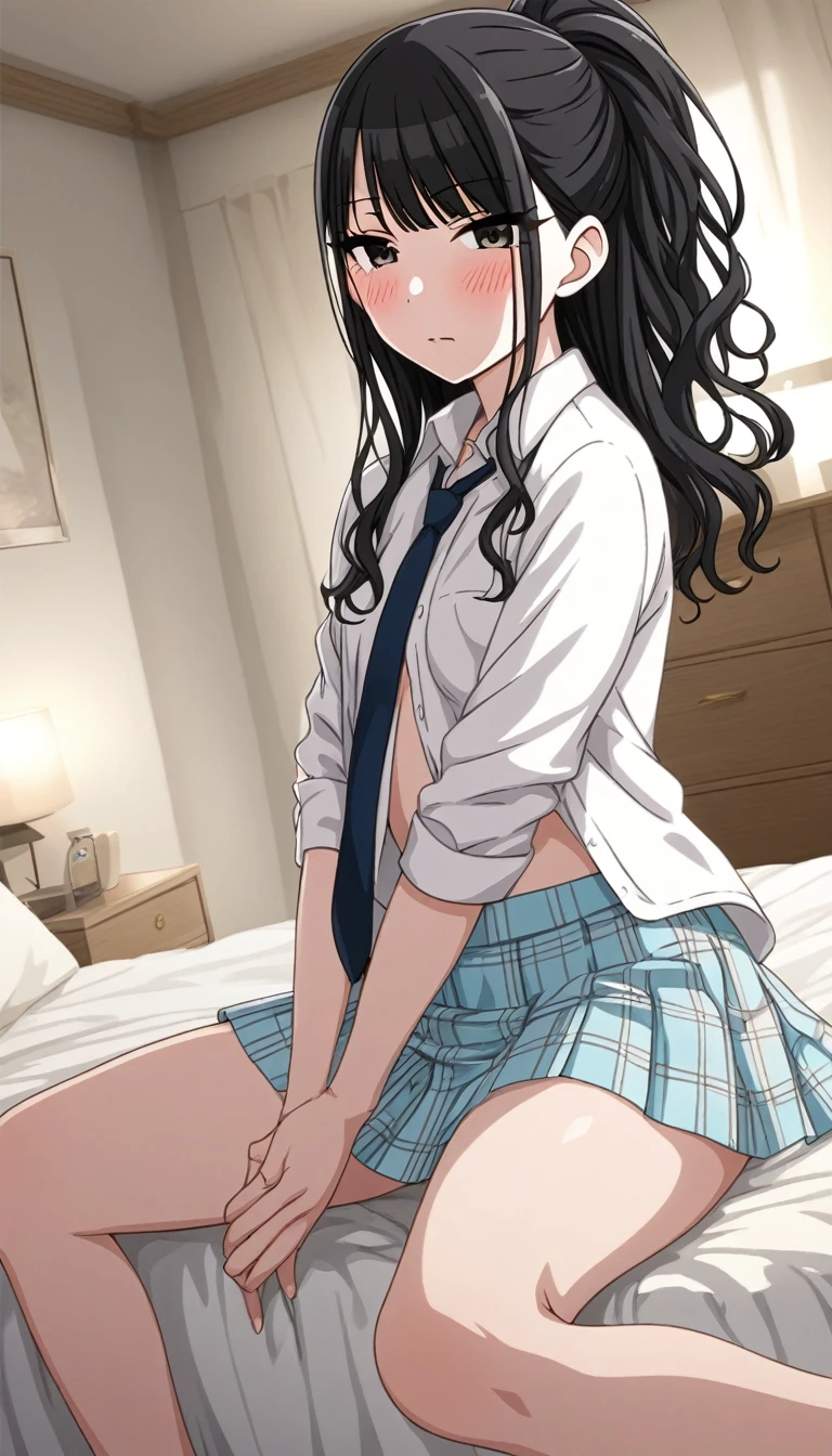 nsfw,((perfect anatomy:1.2,realistic,:1.3,RAW Photography:1.3,masterpiece、highest quality、Ultra - High resolution、High resolution、Highly detailed CG、8K)),cowboy shot,1 female,solo,20-year-old,beauty of japan,beautiful detailed face and eyes,big and gorgeous eyes,dark blue eyes,(black hair,long hair,blunt bangs),(medium breasts,slender body,small head:1.4, skinny), glowing skin,oily skin,kneeling,legs up:1.5,((shackles:1.3,white shirt with collar、long sleeve、navy pleated mini skirt,lift up skirt self:1.5,vagina,cum in vagina:1.5,barefoot))、simple bed、Inside the prison、a dark prison、Tokyo、