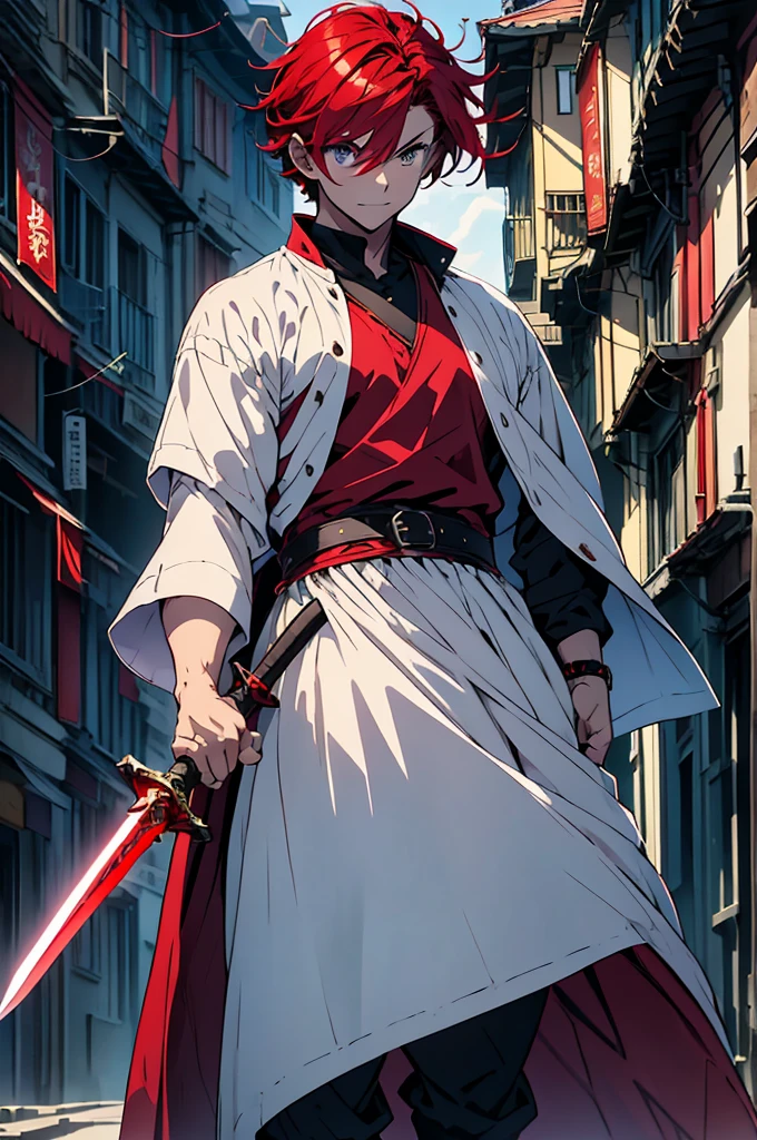 male、Red Hair、short hair、Handsome、Holy Knight、(Giant Sword)、片手にGiant Swordを持っている、Western clothing、Decorative clothing、White clothes、Red Cape、whole body、shoes、Simple Background