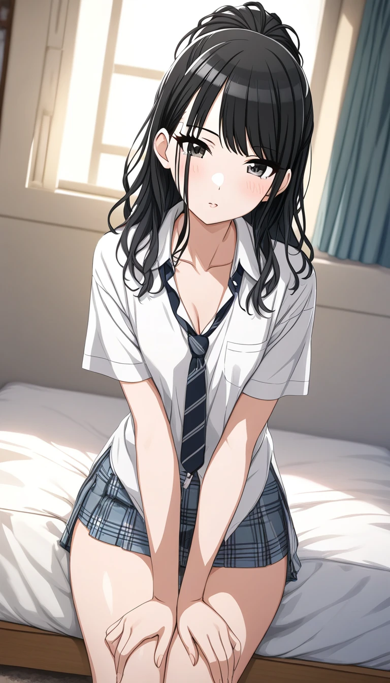 sauce_anime, ambient light,
Official Style, (hiori kazano:1.5), ponytail, black hair, black eyes, (The Idolmaster Shiny Colors:1.2), , 1girl ,tall girl, , , hair between eyes, perfect eyes , Perfect face, expressive eyes, close up face:0.2 ,  
nsfw, white open shirt, necktie,  white panties, mini skirt, (slender body), slim body,
indoors, bed, realistic bed room, ( Hugging one’s knees ), ,
cowboy shot, looking at viewer, solo, dutch angle, blush, small breast, 