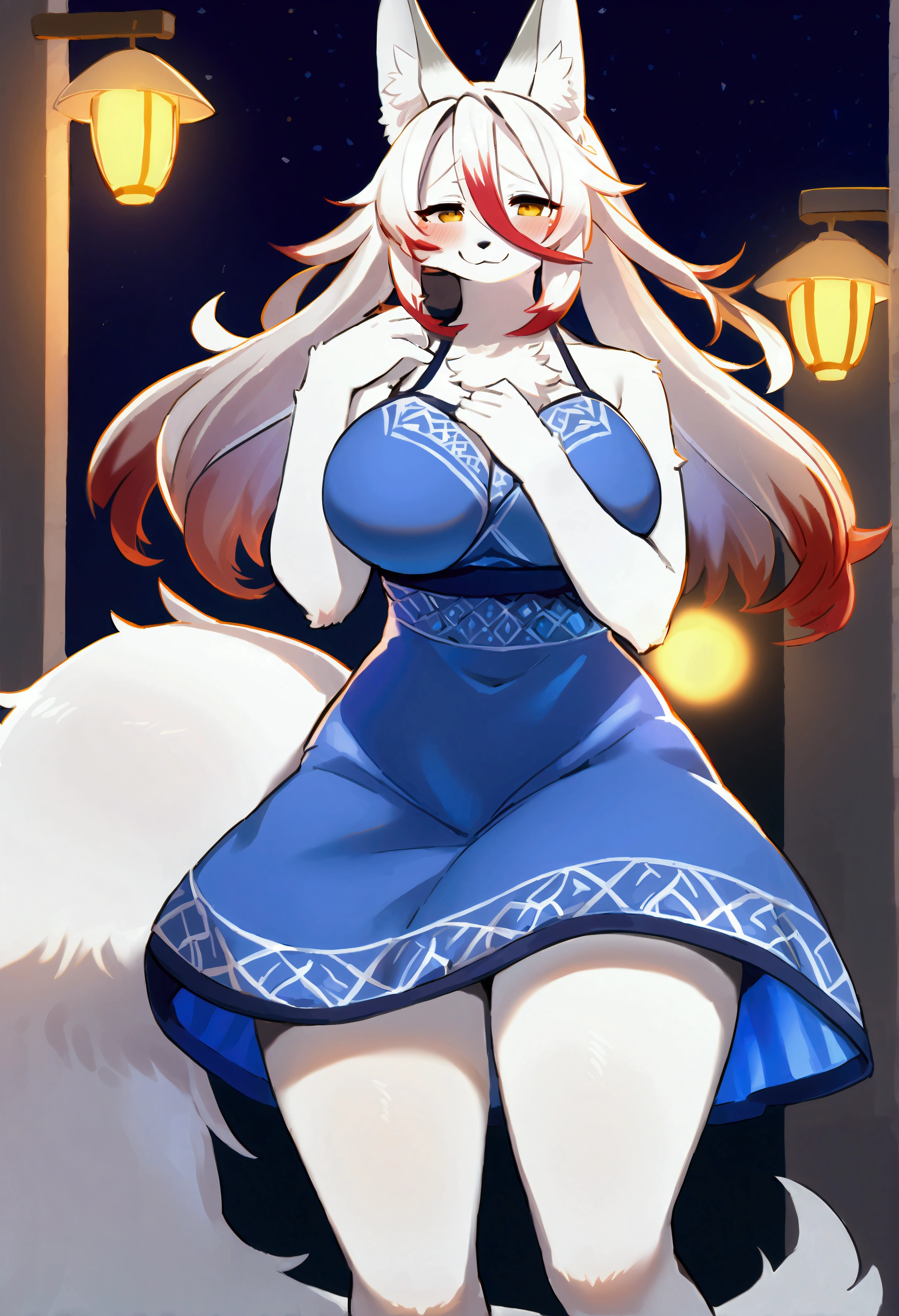 (top quality, best quality, High-quality illustrations, masterpiece, 16k, 1080p, uploaded on e621)(kemono, furry, anthro, alone), round, 1 female, hot mother figure, very detailed body face and eyes, white fox, Daji, (Full Bokko Heroes), white fur, fluff, big breasts, tail, grey ears, perfect eyes, yellow eyes, hair, beautiful blue summer dress, summer legwear, beautiful summer night body movement, body twitching, shy smile, red blushing,