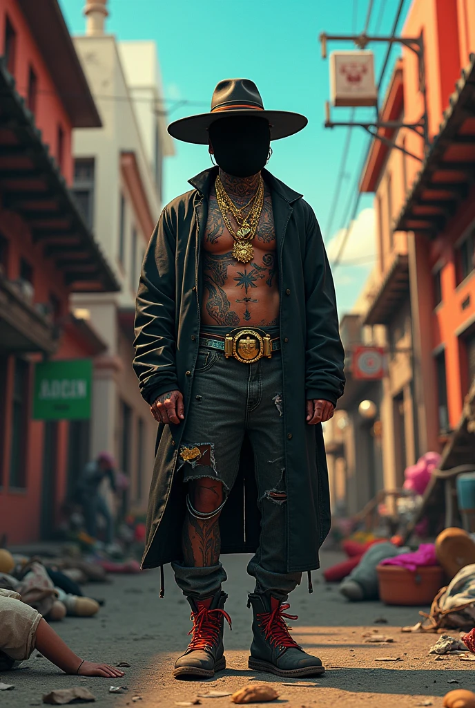 a bald boy with a yellow gang scarf around his neck, with tattoos on his face and a pistol on his waist
