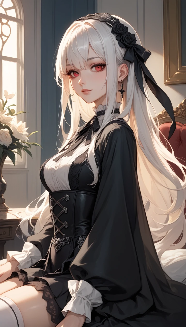 (Masterpiece, Best Quality, Highres:1.4), Detailed, Intricate Details, 4K,
color splashes, line art, art, fibonacci,long gray straight hair, straight bangs, red eyes, white high fashion clothing
Anime girl 21 yo, sad smart face