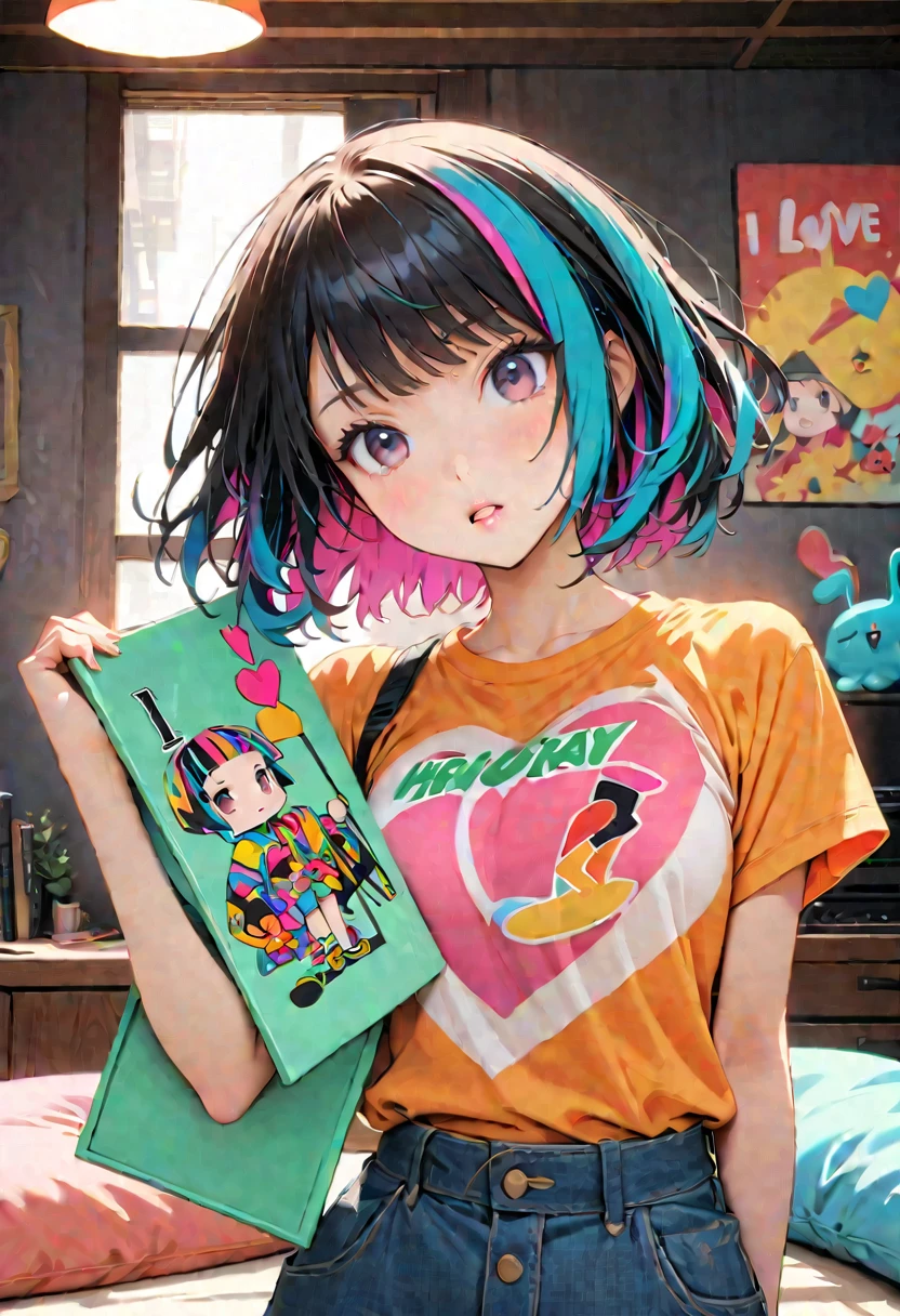 (highest quality:1.2, City Pop Style, Very detailed, up to date, Vibrant, High Contrast, masterpiece:1.2, highest quality, Best aesthetics), Ultra-realism Keith Haring colorful style, Simple Line Initialism，Abstract art，(((The most beautiful girl of all time holding up a sign "i love Fuuka"))), (((chibi))), Sweet face. Lips in love, colorful hearts, stylish design, sports fashion, Dark Eyes, (((Holiday Room))), (((Cute amoeba))), ((Face Up Shot:1.4)), Colorful Hair, Bobcut, pastel colour, 1980s style, 